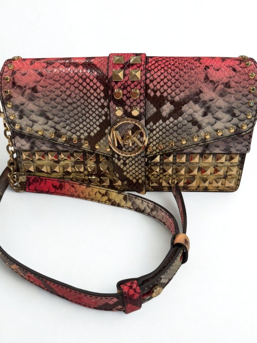 Michael Kors Greenwich Studded Snakeskin Print Leather Crossbody Bag Pink Ombre